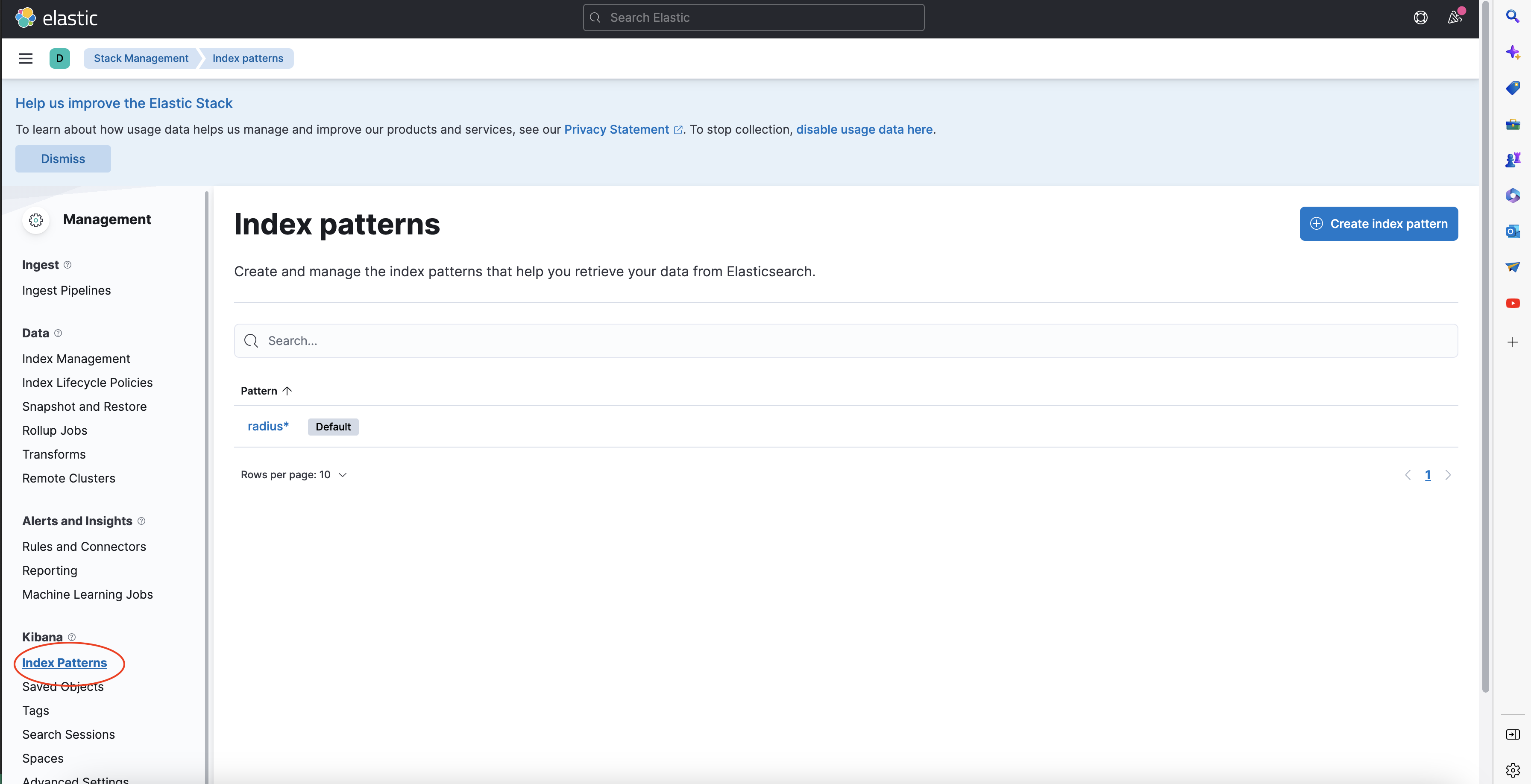 Kibana define an index pattern page