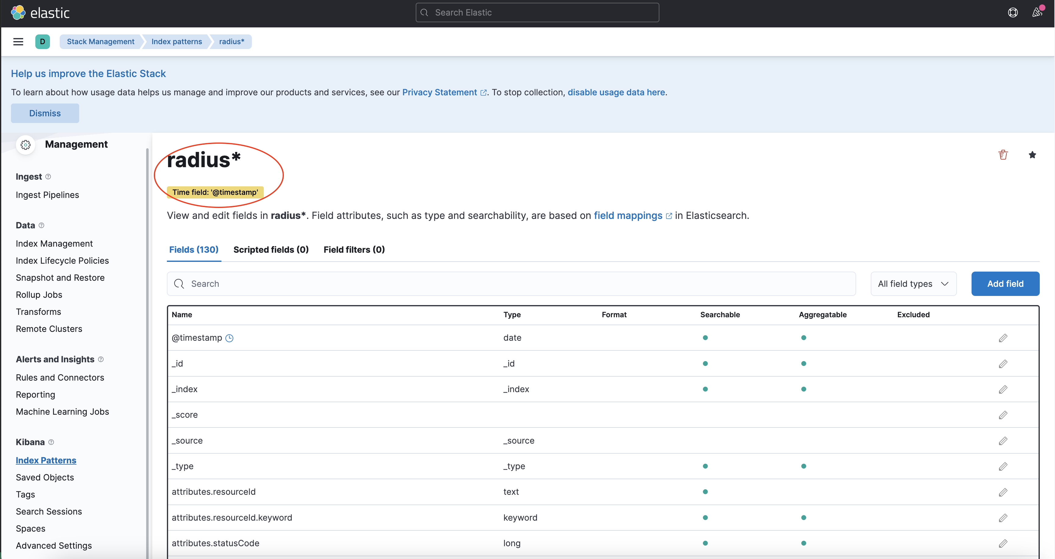 View of created Kibana index pattern
