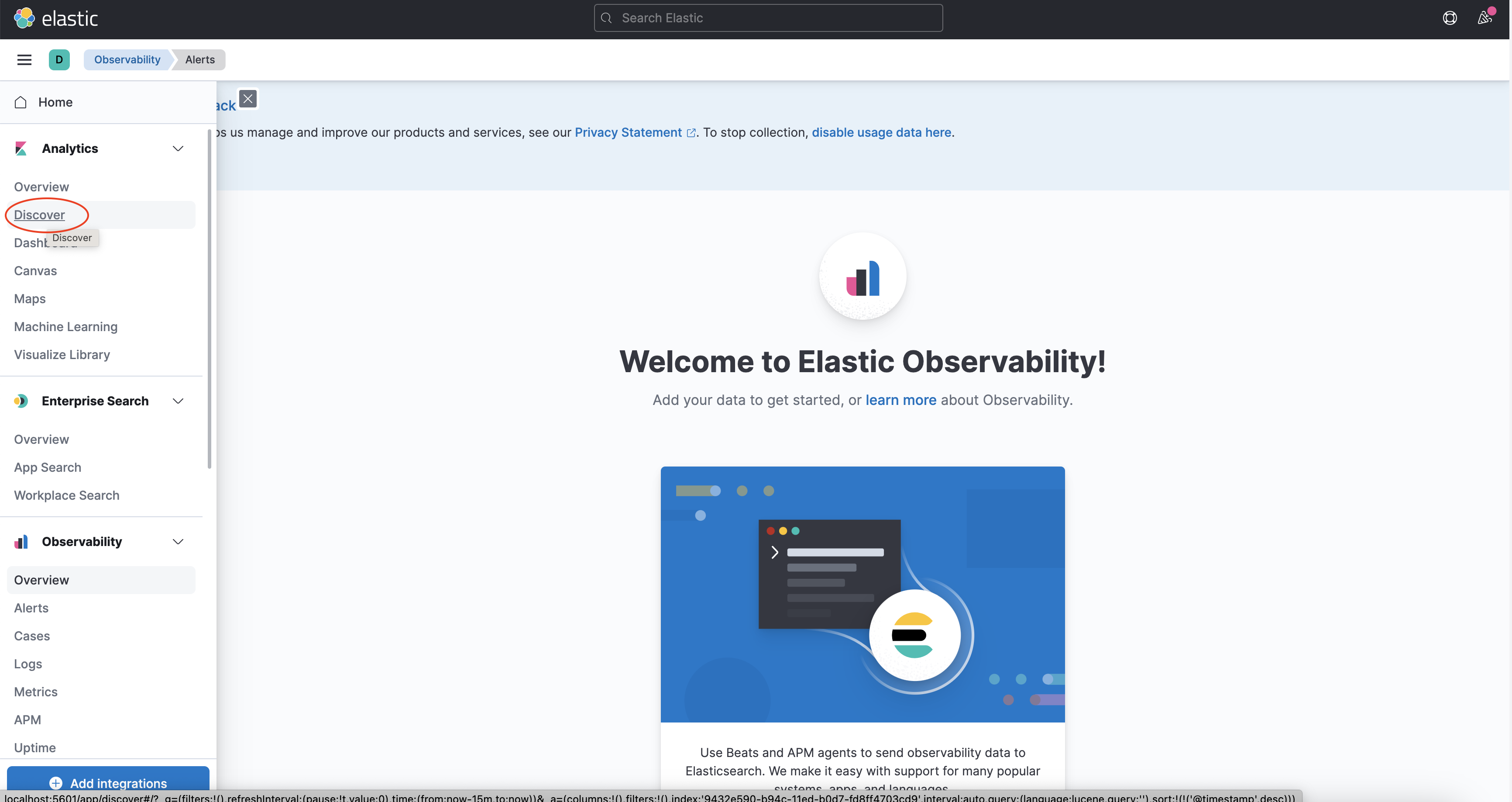 Discover item under Kibana Analytics menu options