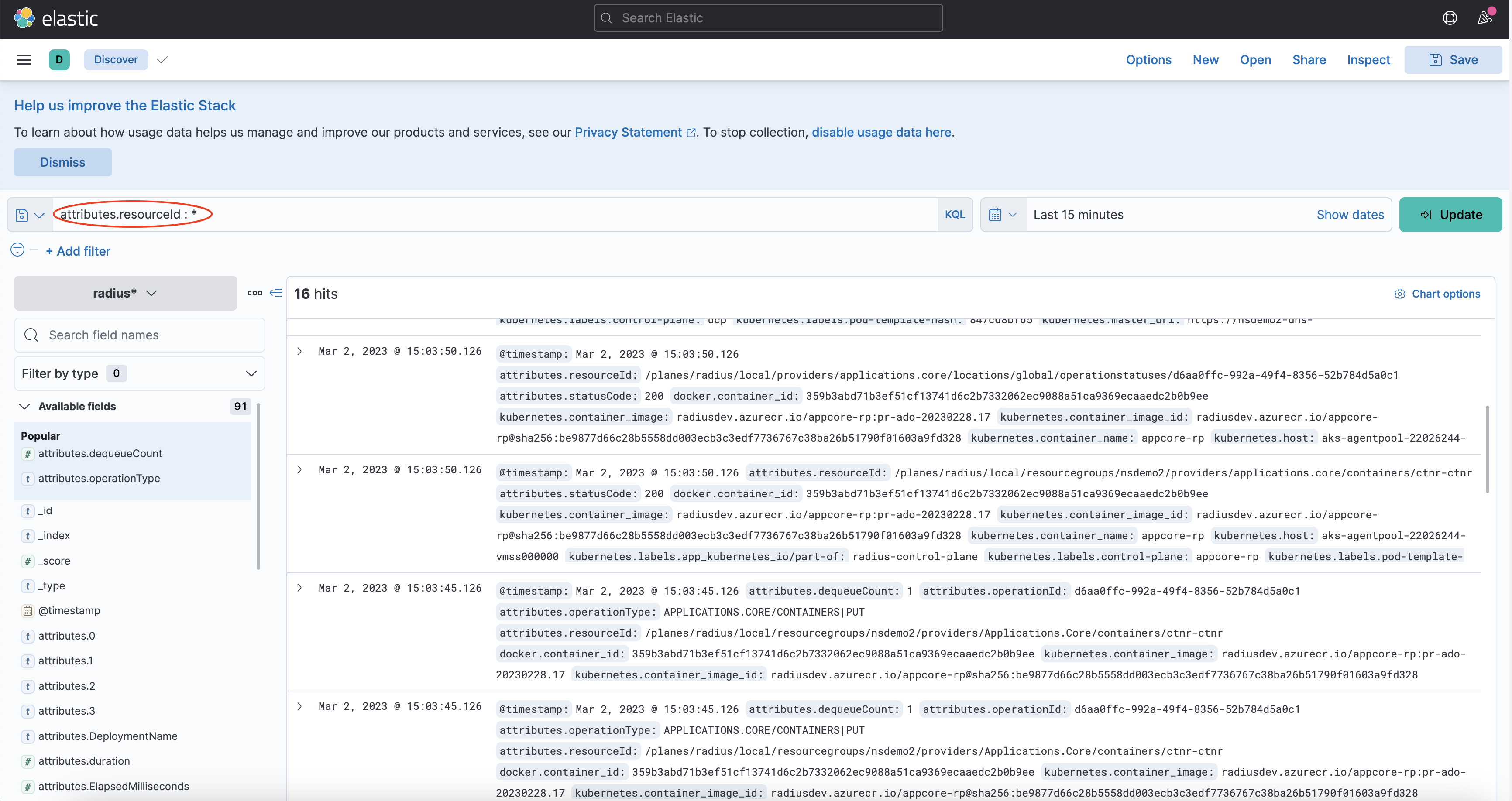 Using the search box in the Kibana Analytics Discover page